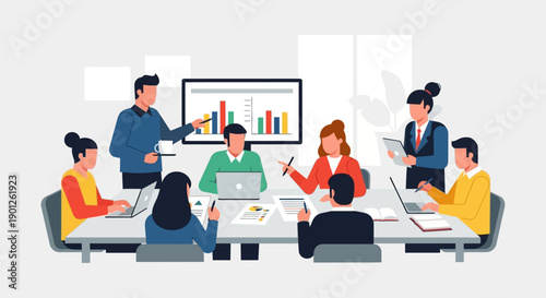Business meeting illustration featuring a diverse team collaborating around a table with a presentation screen displaying growth charts, highlighting corporate strategy and teamwork