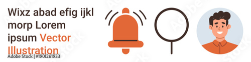 Notification systems, alert signals, user profiles, online search, identity verification, digital communication. Bell icon and magnifying glass next to a person avatar. Notification systems and alert