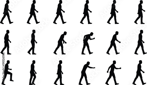 Walking man silhouettes illustration set, human movement sequence, step by step walk cycle, black flat vector collection