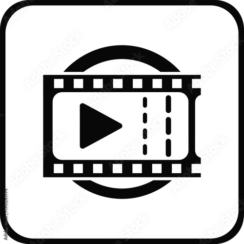 Black and white icon of a film strip with a play button in the center