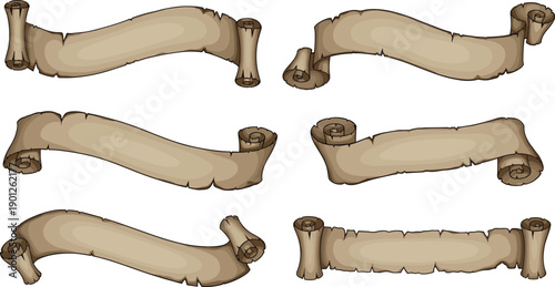 Wooden scroll banner illustration set, vintage parchment wood texture frames, fantasy game UI elements, cartoon flat vector design