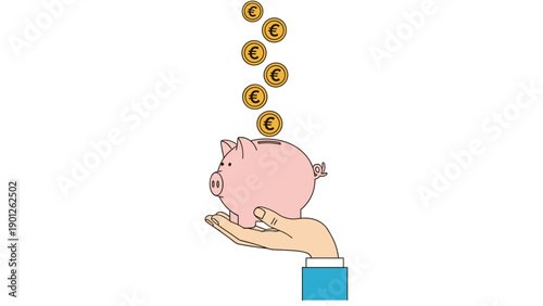Human hand holding pink piggy bank while gold euro coins fall from above symbolizes saving money and financial wealth.