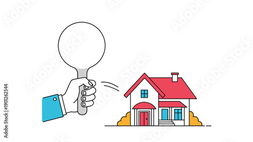 Large magnifying glass held by hand pointed towards residential house illustrates property inspection and market research.