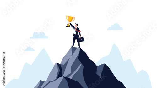 Successful businessman standing on high mountain peak holding golden trophy celebrates reaching the top and success.