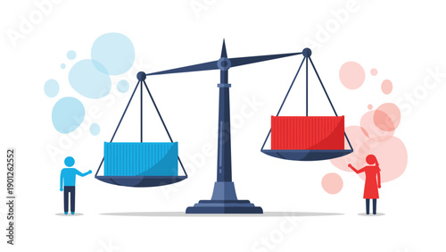 Mechanical scale balancing blue and red shipping containers while man and woman watch represents trade balance.