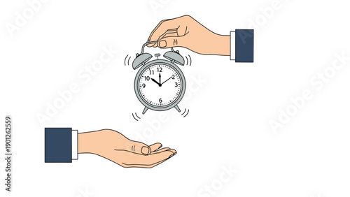 Human hand passing ringing alarm clock to another open palm represents time management and shared responsibilities.