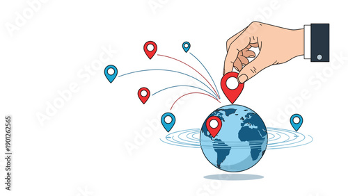 Hand placing location pin on blue globe to represent global logistics, shipping, and worldwide connectivity for business operations.
