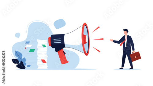 Giant megaphone broadcasting message toward small businessman with briefcase represents powerful corporate communication.