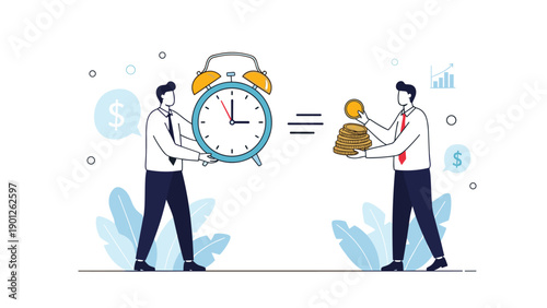 Two business professionals balancing giant alarm clock and stack of coins represents time and money management.