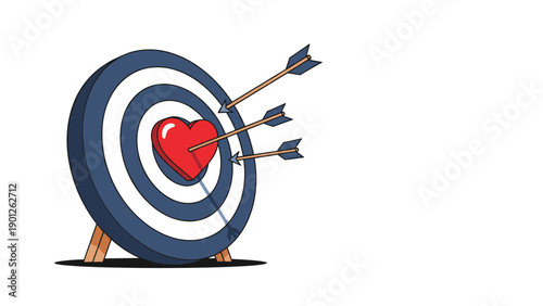 Target with arrows hitting heart center symbolizing target marketing, customer love, brand affinity, and successful emotional branding strategy.