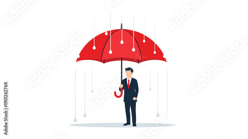 Businessman standing safely under large red umbrella being protected from falling lines symbolizing insurance coverage and risk protection.