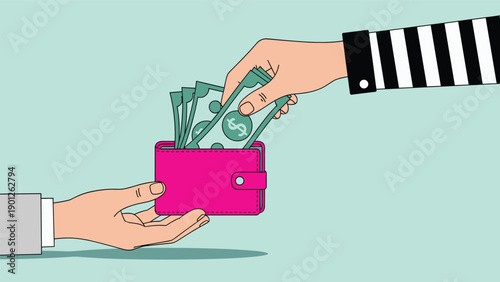 Hand taking dollar bills from pink wallet held by another person representing theft, financial loss, and unauthorized money transfer.