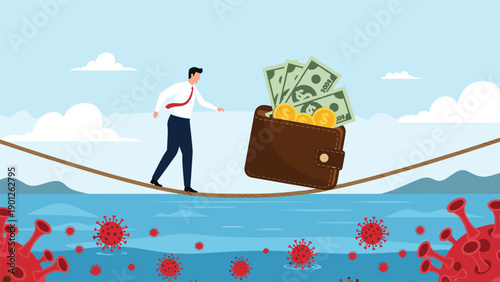 Businessman walking across tightrope over red virus cells towards giant wallet of money representing financial risks during global pandemic.
