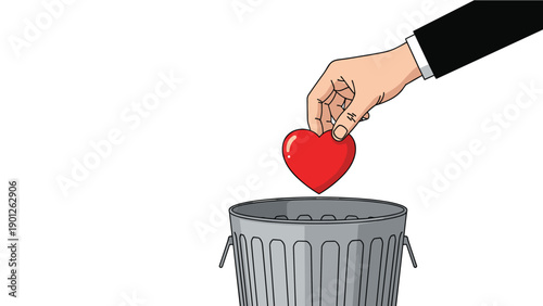 Hand of a person in a business suit throwing a red heart shape into a grey metal trash can representing rejection or lost love.