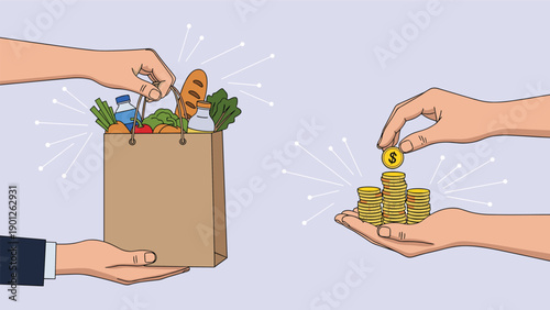 Two pairs of hands exchanging a brown paper grocery bag filled with fresh food for stacks of gold coins representing food costs.