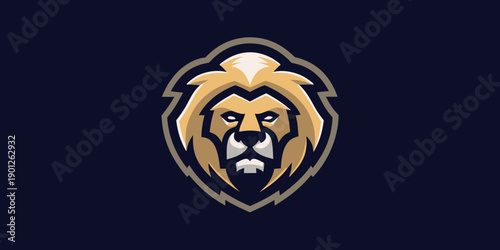 A stylized lion head mascot logo with a dark blue background