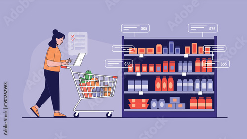Woman using a laptop while pushing a grocery cart in a supermarket with digital floating price tags on shelves.