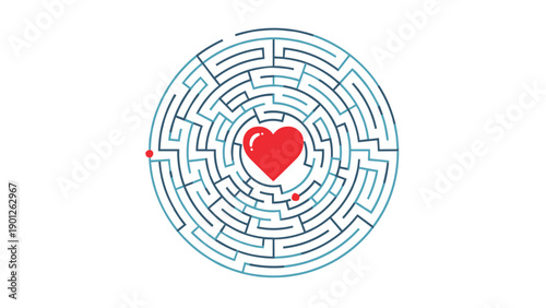 Circular blue labyrinth maze with a single red heart icon located at the center against a clean white background.