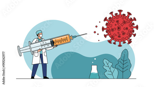 Medical doctor in a lab coat and mask holding a massive syringe to fight against a large red floating coronavirus cell.