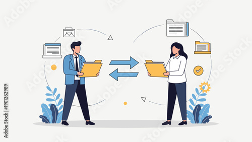 Professional businessman and businesswoman exchanging yellow file folders with documents in an office setting with digital icons.