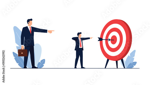 Giant businessman boss pointing towards a red target for a small employee who is ready to shoot an arrow to hit the goal.