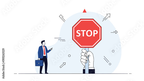 Large hand holding a red stop sign to block a businessman symbolizing regulation, prevention, or halted progress in the workplace.