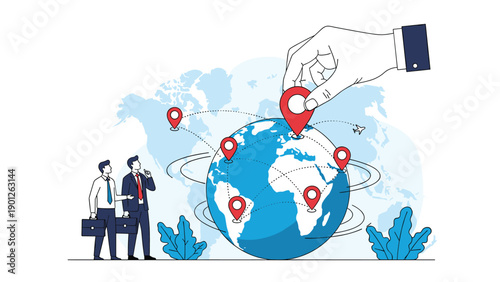 Large hand placing location markers on a globe while businessmen observe representing global expansion and international market strategy.