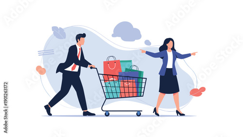 Businessman pushing a shopping cart full of bags while a businesswoman points directions for consumer behavior and retail strategy.