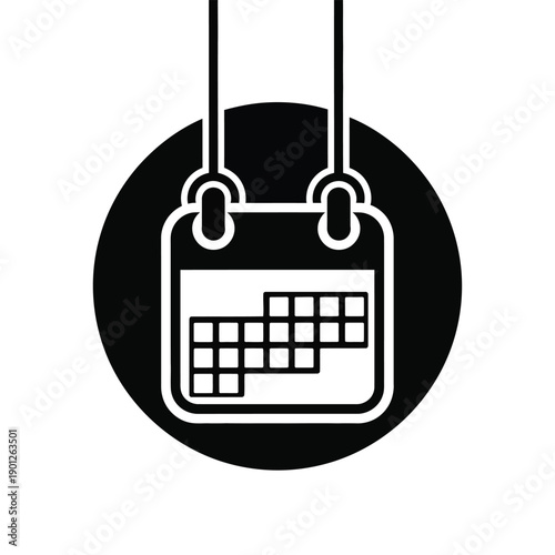 Black and white icon of a calendar hanging on strings in a circle