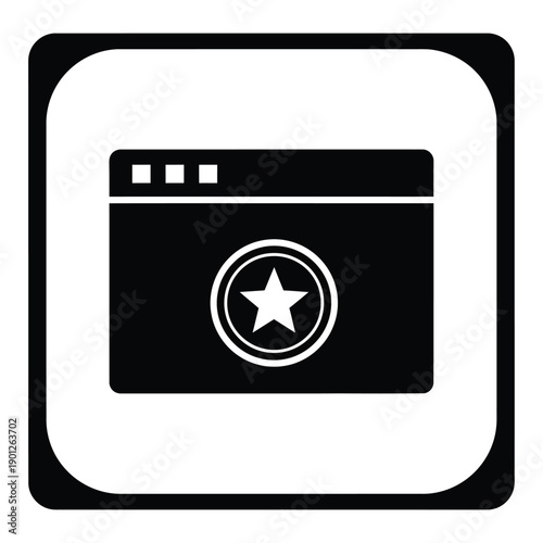 Black and white icon of a browser window with a star rating symbol in the center