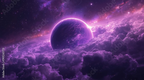 Mysterious cosmic planet floating above ethereal purple clouds and starry space