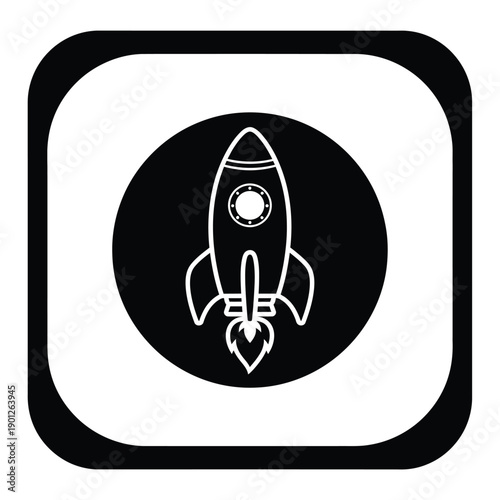 Black and white illustration of a rocket ship in a square frame with rounded corners