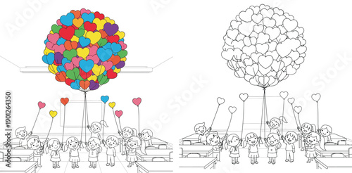 Happy school children holding colorful heart balloons in classroom vector illustration with black and white coloring page outline