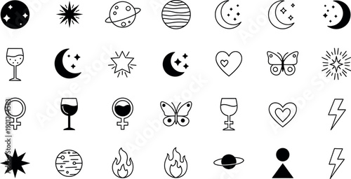 Collection of 25 black and white icons isolated on transparent background