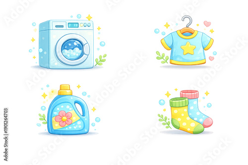 Cute Cartoon Laundry Set: Washing Machine, Detergent Bottle, Fresh T-Shirt on Hanger, and Colorful Socks Icons. Adorable Household Chores Graphics Collection.
