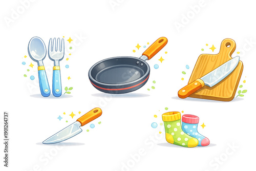 Sparkling Everyday Objects Collection: Cartoon Kitchenware, Chef Knife, Frying Pan, Utensils, and Cozy Polka Dot Socks Illustration Set for Game Assets and UI Design