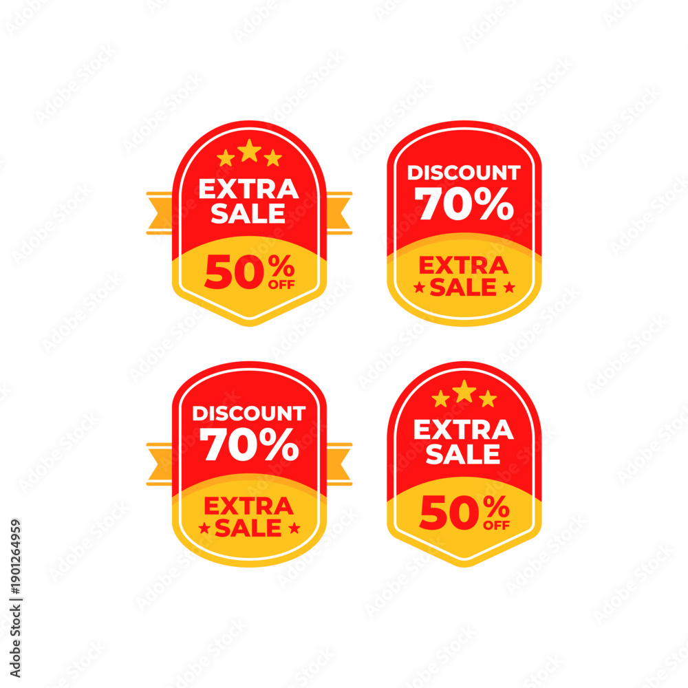 Obraz premium Four colorful sale discount stickers with text and shapes.