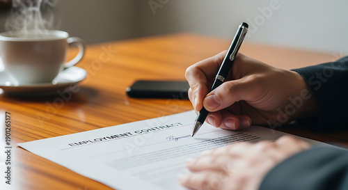 Hand Signing Employment Contract on Wooden Desk with Coffee