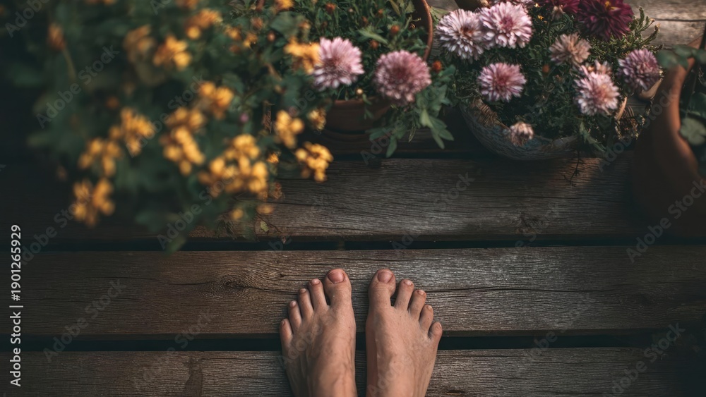 Naklejka premium Bare feet stand on a weathered wooden deck beside baskets of colorful flowers. Concept Bare feet on weathered deck, Colorful flower baskets, Rustic outdoor setting, Sunlit natural textures