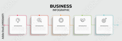 Business infographic thin line process with square template design with icons and 5 options or steps. Can be used for process diagram, presentations, workflow layout, banner, flow chart. Vector 