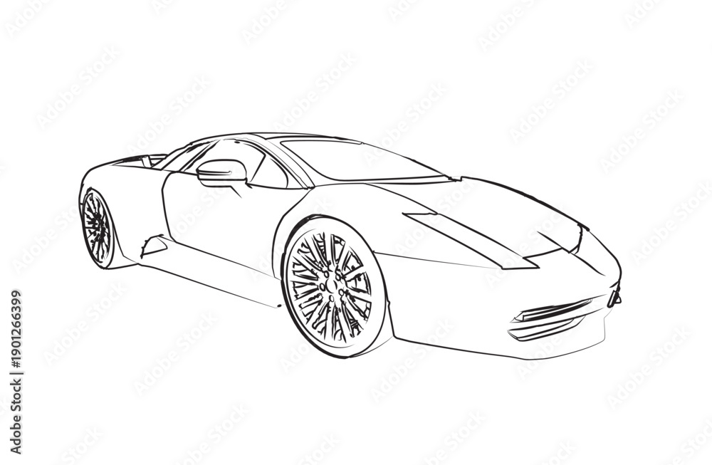 Naklejka premium Sleek Sports Car Line Drawing: Modern Luxury Vehicle Sketch in Perspective, Black Ink Minimal