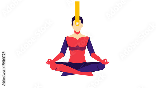 Meditation and Focus Power. Figure in Yoga Pose with Golden Light Beam Activating Third Eye Chakra. Mental Strength Vector Illustration.