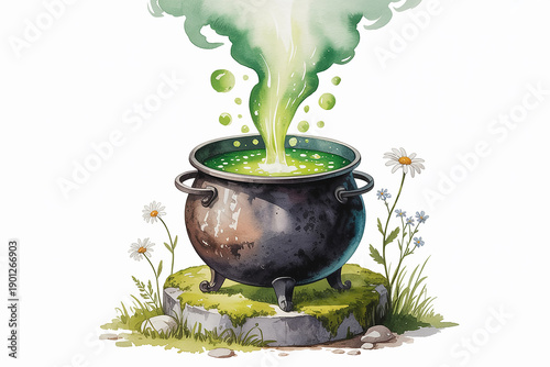 Bubbling green potion in a cauldron with wildflowers smoke