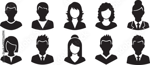 User avatar icon set, male female business profile silhouettes, professional people portraits, black flat design.