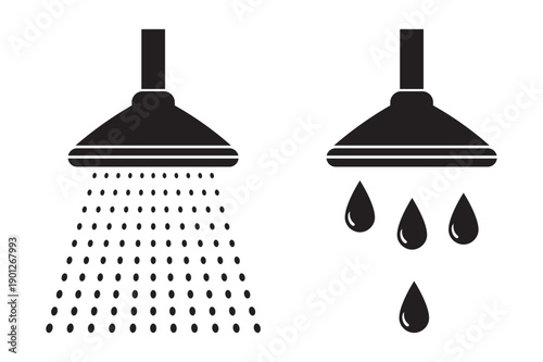 Bathroom Shower Head with Water Drops Vector Icon Set