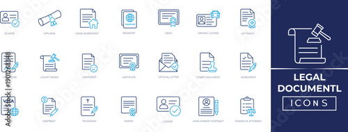 Legal document line icon set for contracts, agreement, certificate, diploma, compliance, paperwork, business documentation, and legal workflow ui.