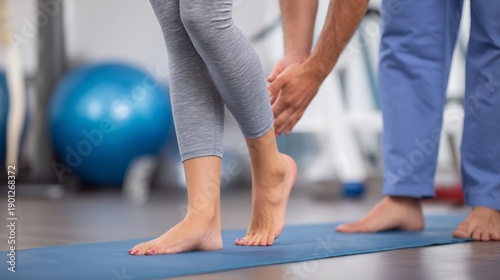 Photos Gymnast performing balance exercise after ankle sprain physiotherapist offering