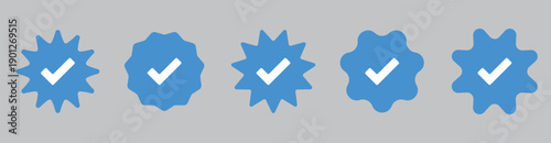social media check mark set. approved profile sign. black, gold and blue tick in circles and rounded corner star. blue check mark icon tick symbol verification sign