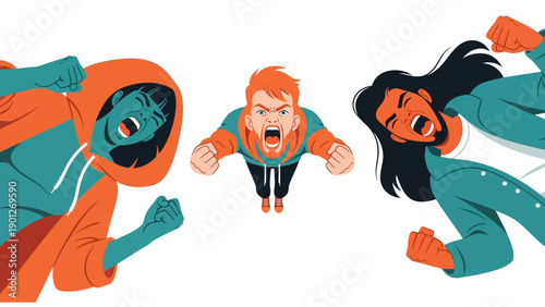 Aggressive People Shouting and Fighting. Dynamic vector illustration of an angry mob or group protest expressing rage, conflict, and violence.