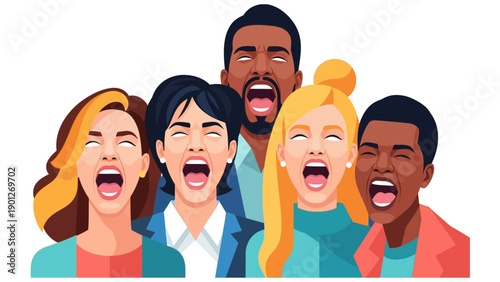 Diverse Crowd Screaming and Shouting Aloud. Vector Illustration of Excited or Stressed Multiethnic Group Yelling Together with Open Mouths on White.